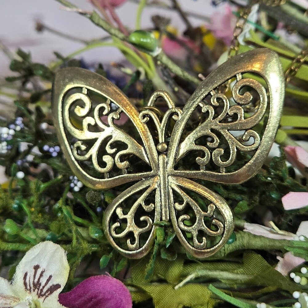 🦋 Brass Butterfly Pendant Necklace • Filigree Wings • Boho Vintage Styl